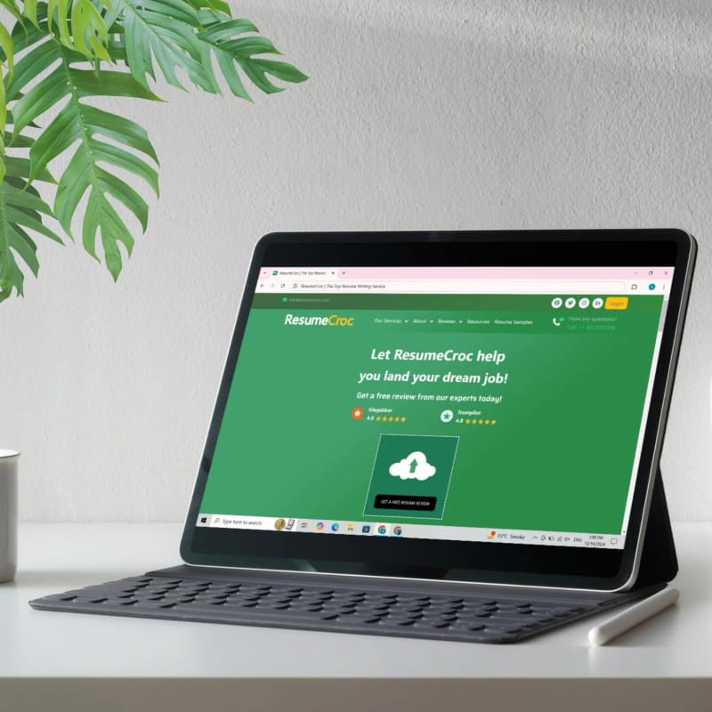 ResumeCroc homepage with free resume review call-to-action, shown on a tablet