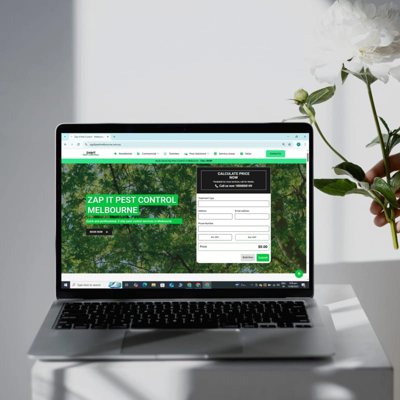 Zap It Pest Control Melbourne website shown on a laptop device mockup